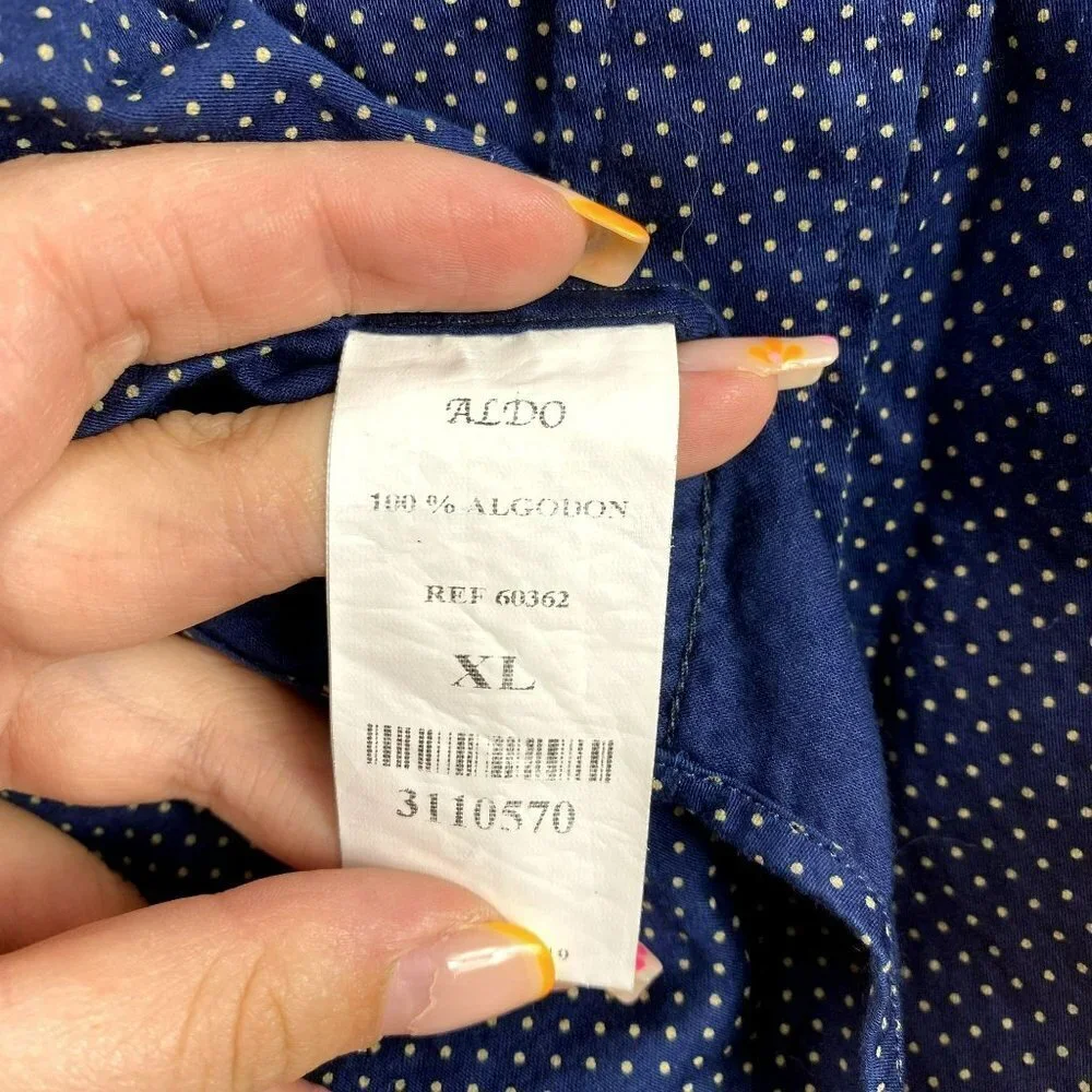 Aldo Men's Blue White Polka Dots Print Cotton Button Down Long Sleeve‎ Shirt XL